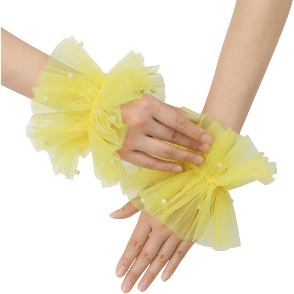 Women's Fingerless Yellow Tulle Pearl Short Lace Gloves Hallowmas Accessory
